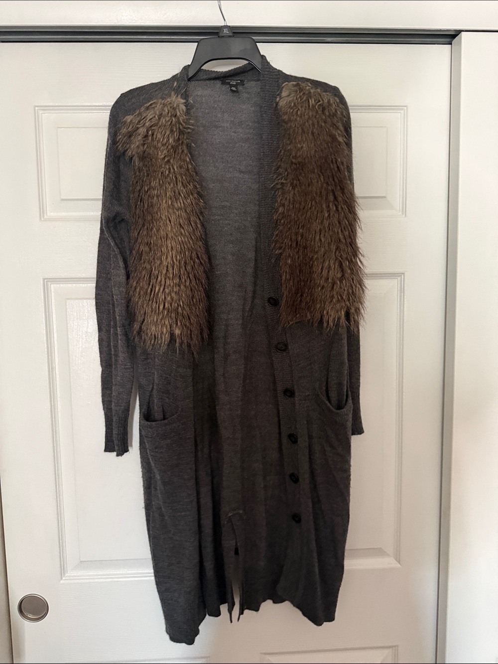 Ann Taylor Long Charcoal Gray Open-Front Cardigan with Brown Faux Fur Trim(wool)